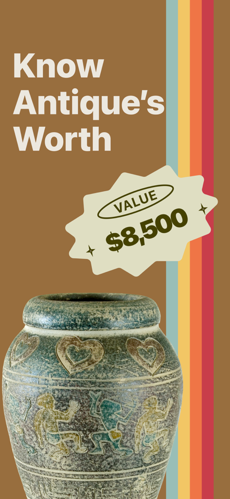 Antique identification app screen showing a vintage vase with an estimated market value of 8500 dollars
