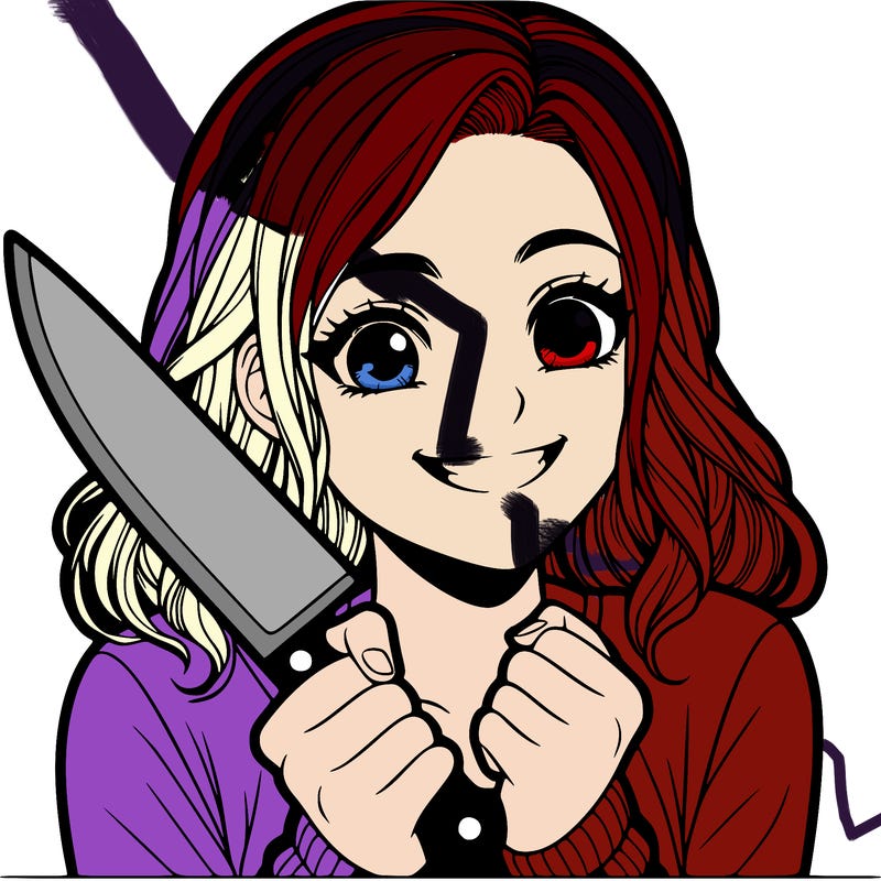 a realistic girl holding a knife and grinning