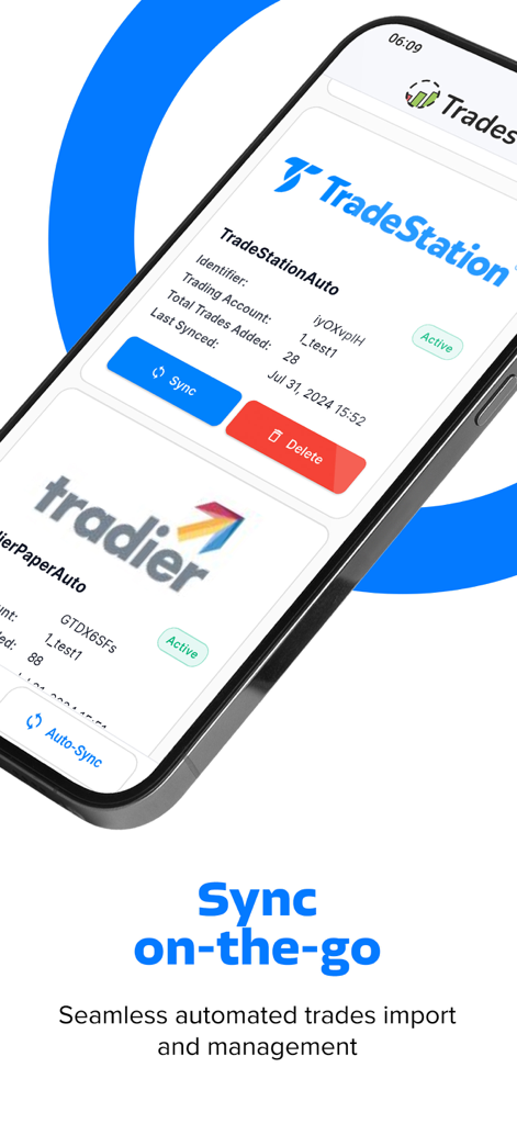 TradesViz Trading Journal - TradesViz App-Oberfläche zeigt mobile Broker-Konto-Synchronisierung für TradeStation und Tradier