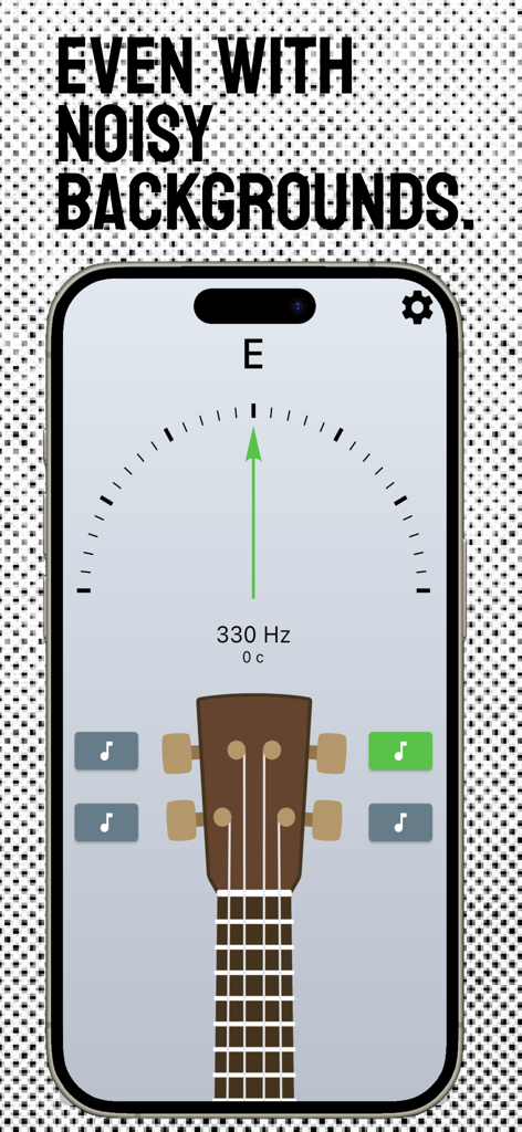 Ukulele Tuner - Simple Tuner - Interface de l'application d'accordeur de ukulélé montrant l'aiguille de l'accordeur alignée pour la note Mi avec la fonction d'élimination du bruit