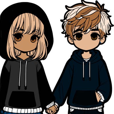 a girl with almost less than medium length hair that is feathered with a hoodie, accompanied by a boy with messy short hair, freckles, and a hoodie. they are holding hands.