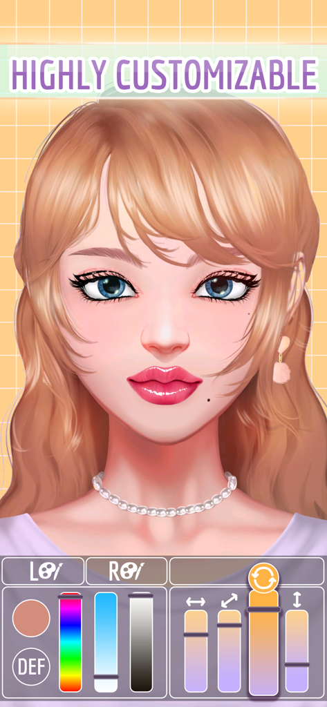 Pantalla de creación de personajes de anime con deslizadores de personalización de rasgos faciales