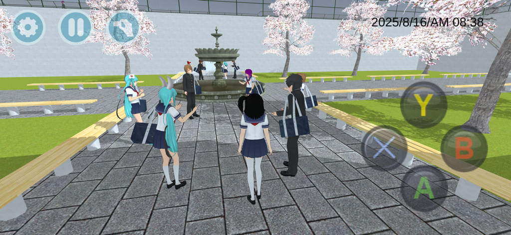Gameplay screenshot showing anime students in a school courtyard with cherry blossoms and a fountain