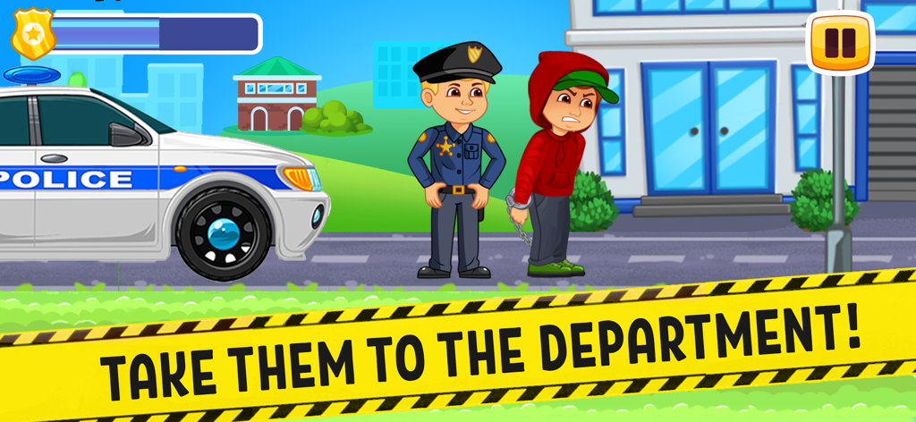 Police Racing! Cars Race Games - Cartoon police officer with a handcuffed suspect and a police car in front of a building