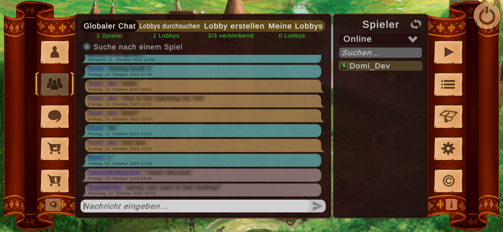 The Castles of Burgundy mobile app interface showing the global chat and online multiplayer lobby.