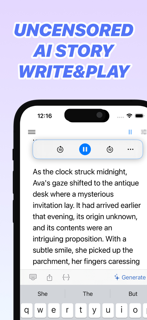 Uncensored AI - InkPal - InkPal mobile app interface showing an AI story writing screen with integrated audiobook playback controls.