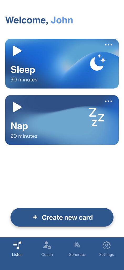 myWaves App - A tela inicial do aplicativo myWaves exibindo cartões de som personalizados para sono e cochilo.