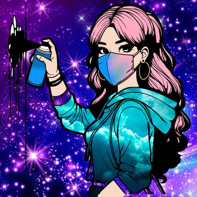 realistic girl with mask spray painting a wall