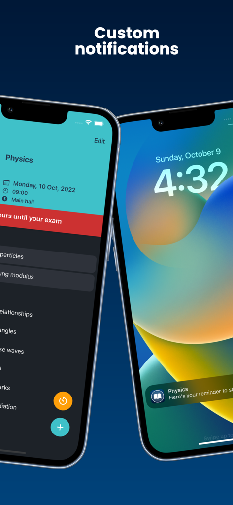 Custom study notifications and exam countdown on an iPhone lock screen