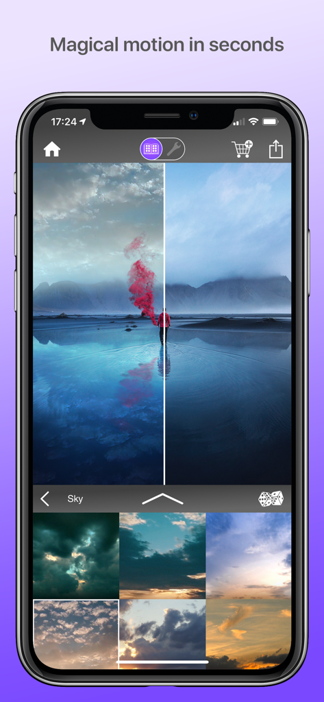 Interfaz de la app Werble en un iPhone mostrando una edición de foto a pantalla dividida con opciones de animación del cielo y herramientas creativas