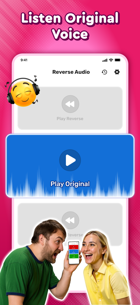 Mobile app interface showing the original voice playback feature with people laughing