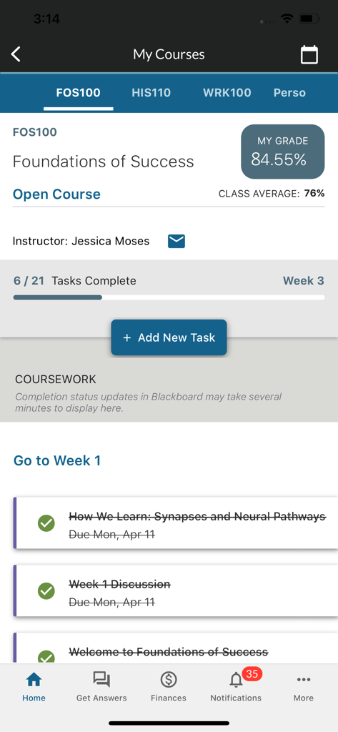 Strayer - Strayer Mobile app My Courses screen showing course grade task progress and weekly assignments