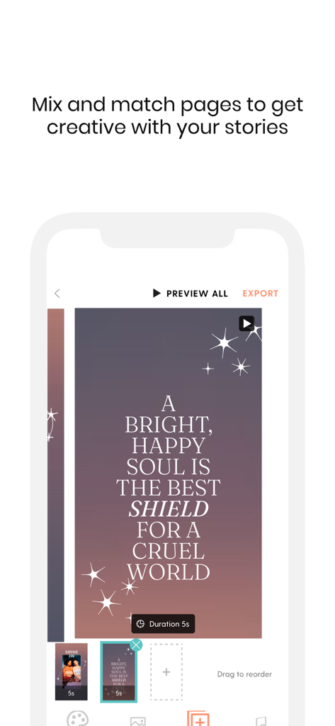 Story Swag - Quick Reels - クリエイティブなソーシャルメディアストーリーのためにページをミックス＆マッチするエディターを示すStory Swagアプリのインターフェース