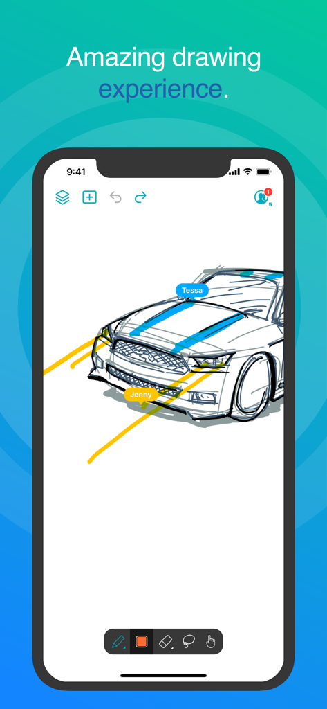 Inko app interface showing real-time collaborative car drawing with multiple user labels