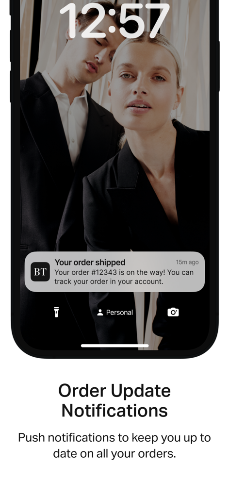 Brown Thomas - A mobile phone screen displaying a push notification for a shipped order from the Brown Thomas app