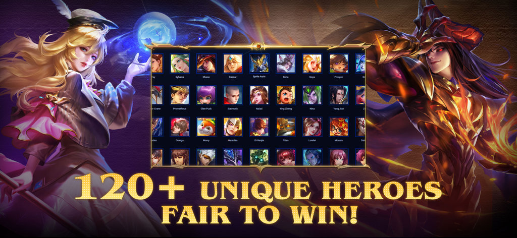 Heroes Evolved - Schermata del roster dei personaggi di Heroes Evolved che mostra oltre 120 eroi unici e il testo Fair to Win