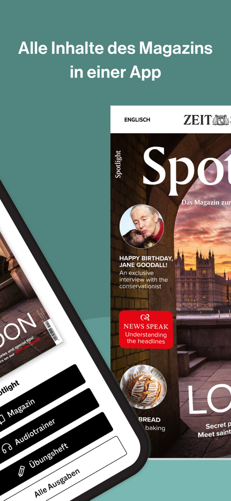Spotlight eMagazine mobile app Oberfläche, die das Hauptmenü und das Cover des digitalen Magazins zum Englischlernen zeigt