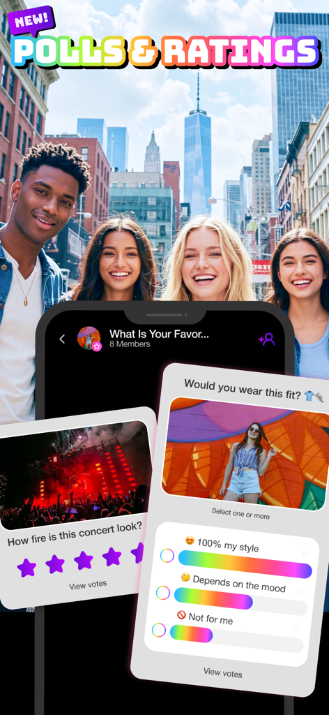 Four young people smiling behind a mobile screen showing interactive polls and ratings on the Superfy app