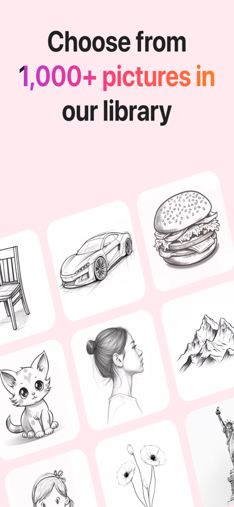 AR Drawing – Trace & Sketch - A selection of sketch templates for tracing including a car, a cat, and a portrait from the app library