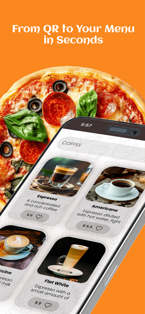 Um menu digital de café exibido na tela de um iPhone como parte do sistema de gerenciamento de restaurantes eMenu AI.