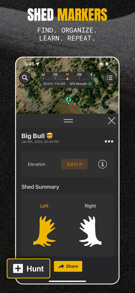 Scout To Hunt: Shed Hunt Maps - A screenshot of the Scout To Hunt app showing a shed marker on a 3D map with details like elevation and a shed summary for left and right antlers.