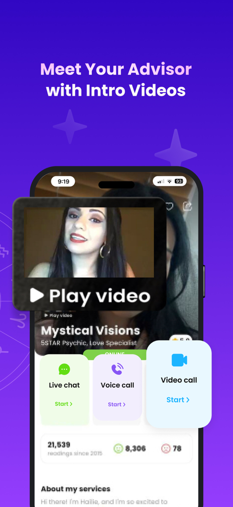A psychic advisor profile on Purple Garden app showing an intro video and options for live chat, voice call, or video call