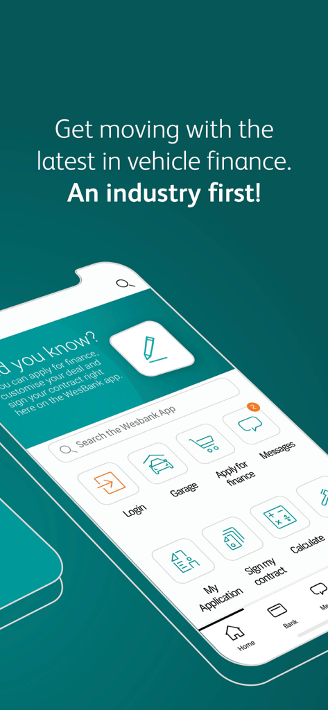 WesBank mobile app home screen showing vehicle finance options like application and contract signing