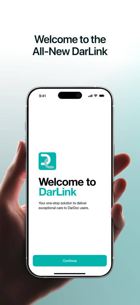 DarLink - A hand holding a mobile phone displaying the welcome screen of the DarLink healthcare workforce management app