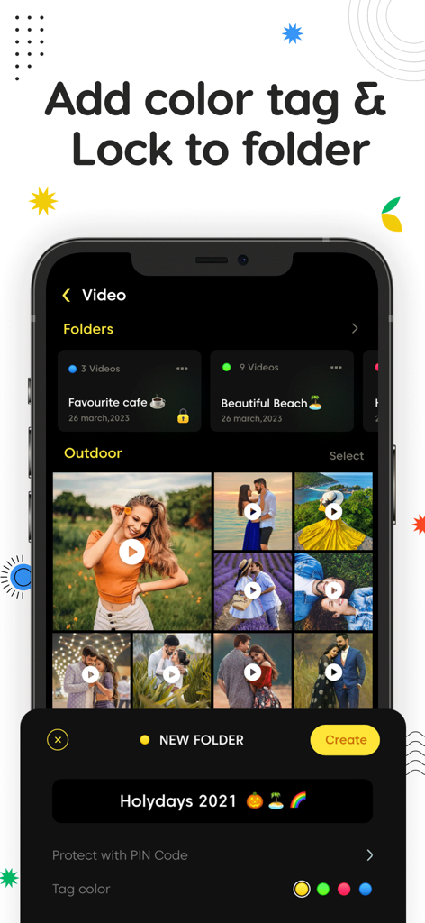 Photo Vault: Hide Pics & Video - Smartphone screen showing how to create a secure folder with PIN protection and color tags in the Photo Vault app