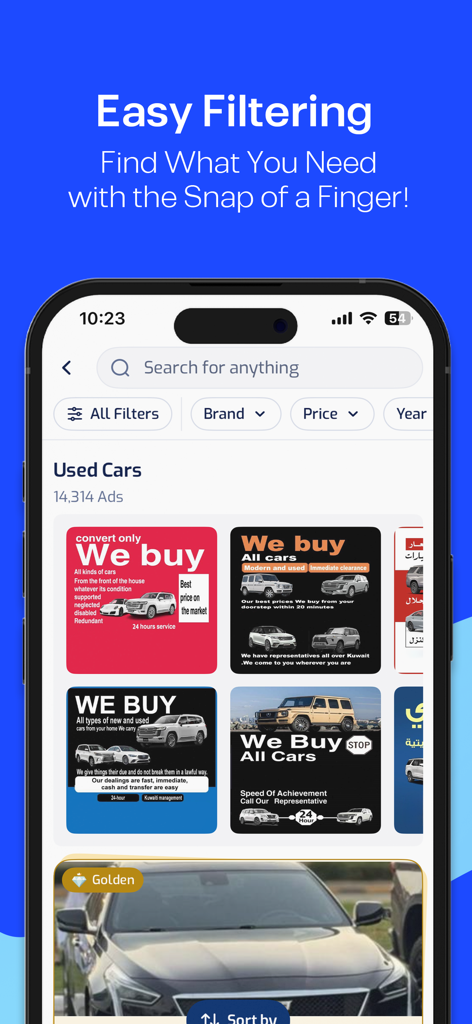 4Saleアプリの検索インターフェース、クウェートの中古車、フィルターオプション付き