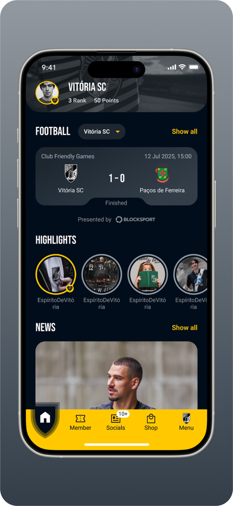 VITÓRIA SC - App Oficial - Schermata principale dell'app ufficiale Vitoria SC che mostra i punteggi delle partite e le notizie della squadra