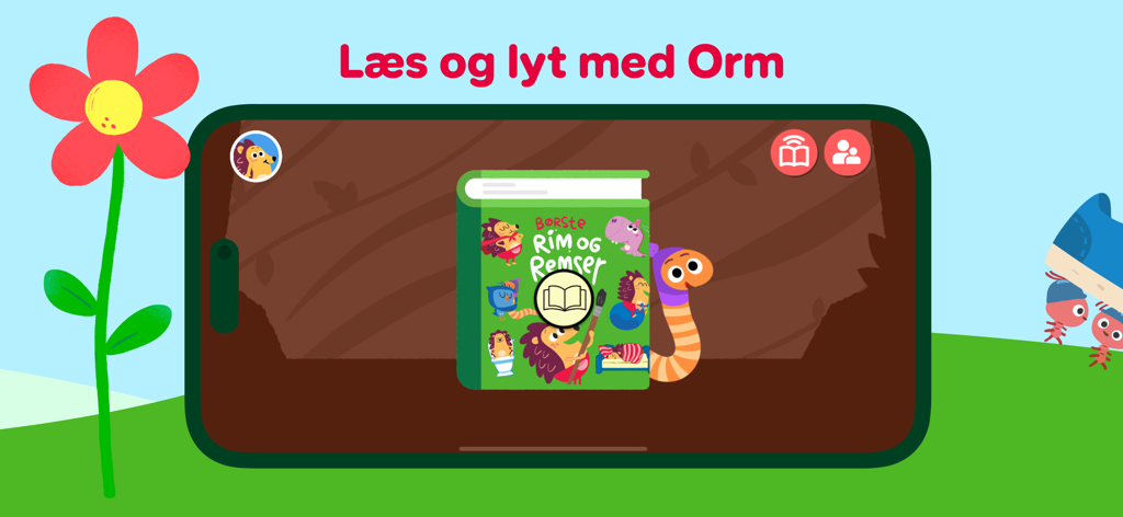 Screenshot of the DR Minisjang app showing the Read and Listen feature with the character Orm and a digital book.