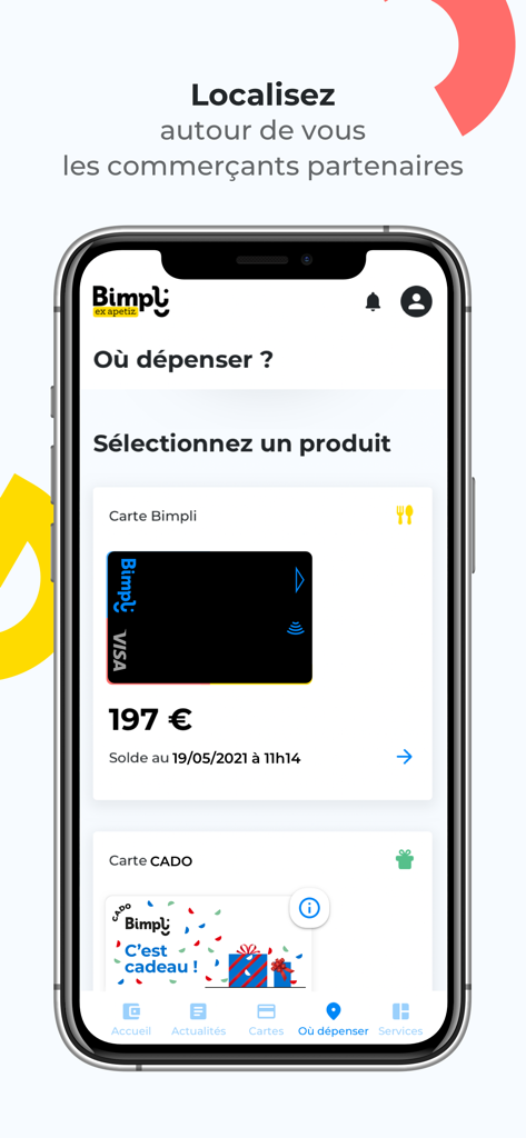 Bimpli - Bimpli app screen showing card balances and partner merchant locator