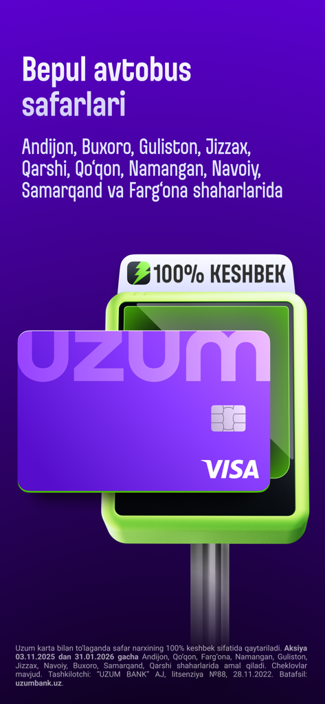 An Uzum Bank Visa card tapping a payment terminal showing a 100 percent cashback offer for bus trips in multiple Uzbekistan cities.