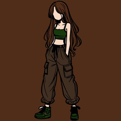 girl in baggy pants crop top and long hair