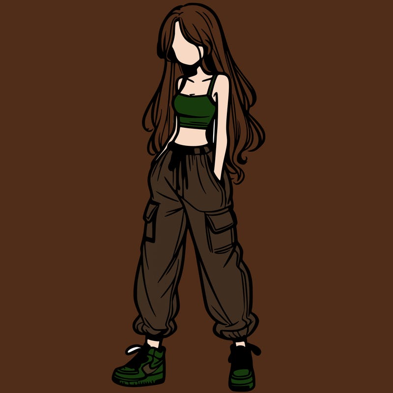 girl in baggy pants crop top and long hair