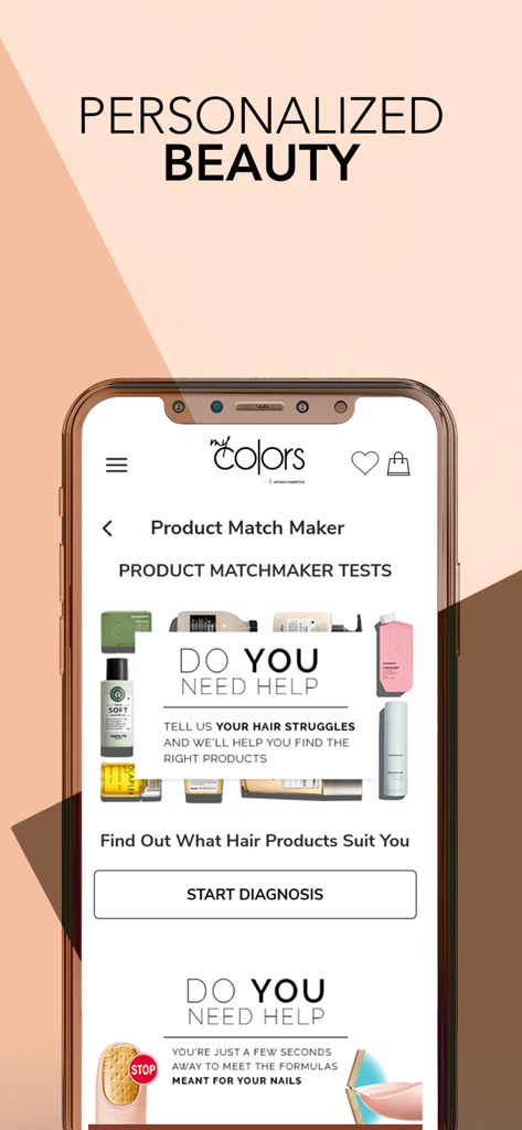 Die My Colors App-Oberfläche, die den personalisierten Produkt-Matchmaker für Haar- und Nagelpflege anzeigt.