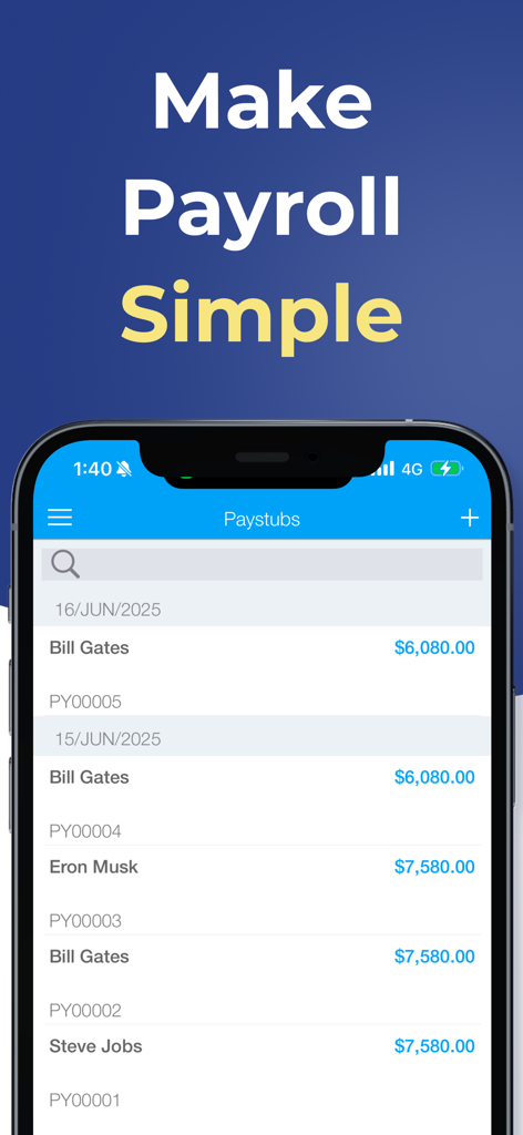 Paystub Maker app displaying a list of generated payroll records on an iPhone screen