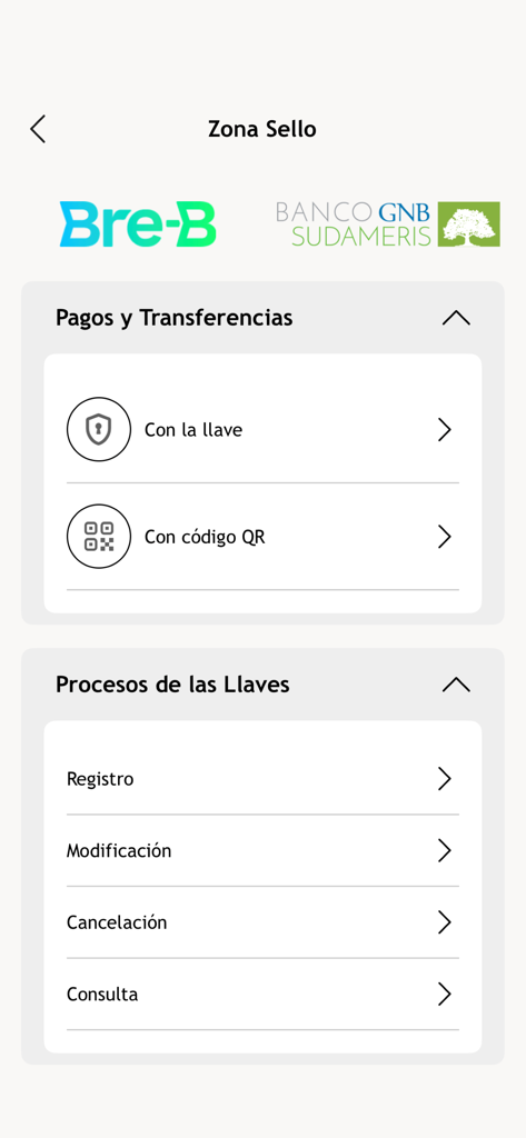Banca Móvil GNB Sudameris - Interfaz de Banca Móvil GNB Sudameris que muestra opciones de pagos y transferencias con Bre-B