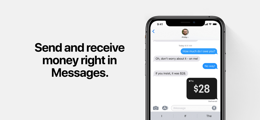 Apple Wallet - メッセージの会話内で28ドルのApple Cash送金が表示されたiPhone画面