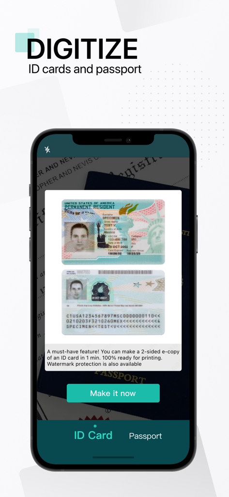 CamScanner + | OCR Scanner - Interfaz de la aplicación móvil CamScanner mostrando la función para digitalizar tarjetas de identificación y pasaportes