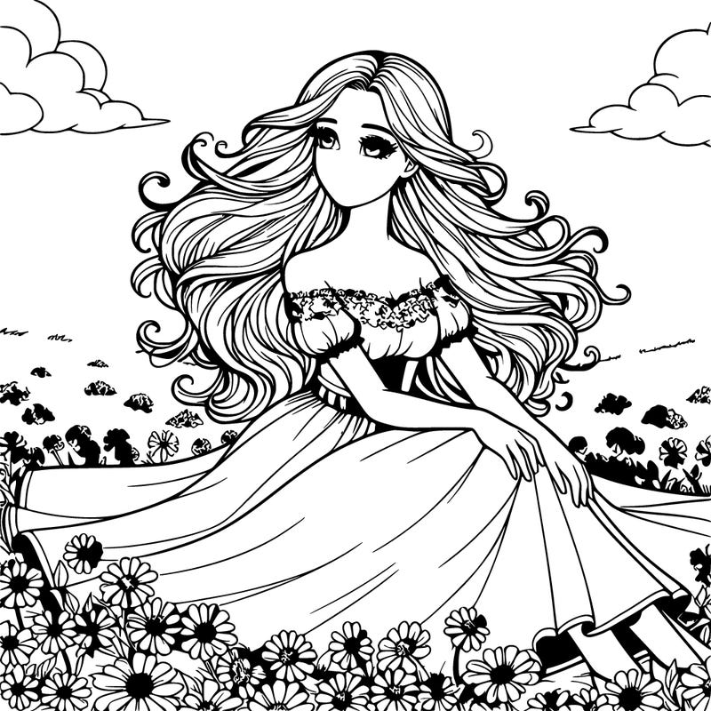 a realistic girl sitting in flowery fields in a gorgeous dress with a wind blowing in her hair