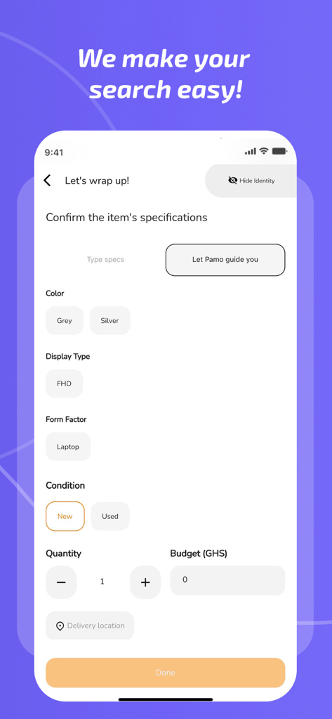 Pamo - Interface do aplicativo móvel Pamo para confirmar especificações e orçamento do item do comprador