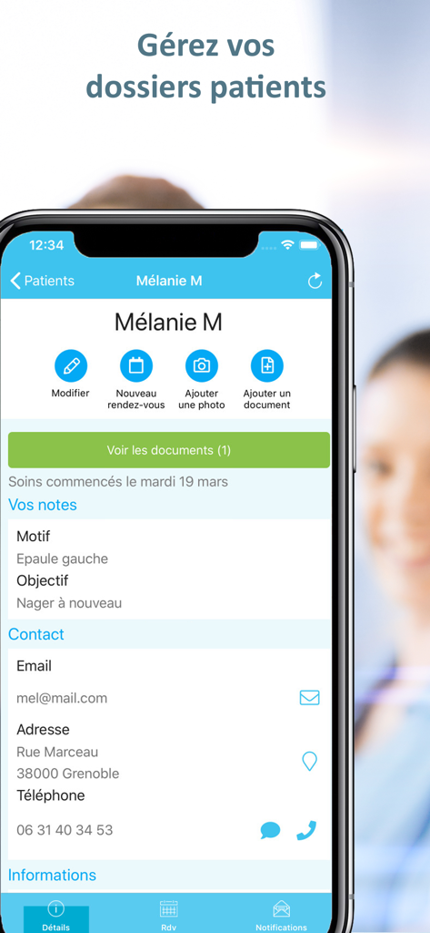 Mon Rdv Kiné - Praticien - Capture d'écran de l'application Mon Rdv Kiné montrant le profil d'un patient avec des options pour ajouter des rendez-vous et gérer les documents médicaux.