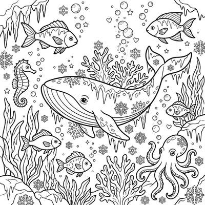 Explore a unique blend of marine life and winter magic with this captivating coloring page. Discover a serene underwater world where whales, fish, and octopuses swim amidst shimmering ice and delicate snowflakes.