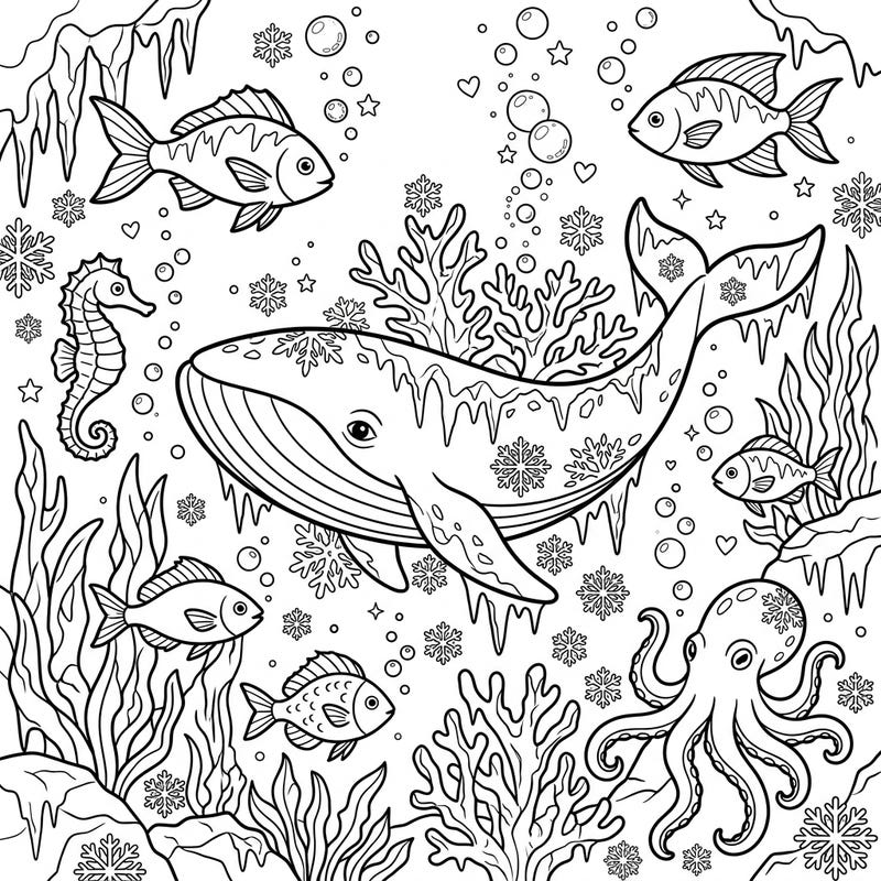 Explore a unique blend of marine life and winter magic with this captivating coloring page. Discover a serene underwater world where whales, fish, and octopuses swim amidst shimmering ice and delicate snowflakes.
