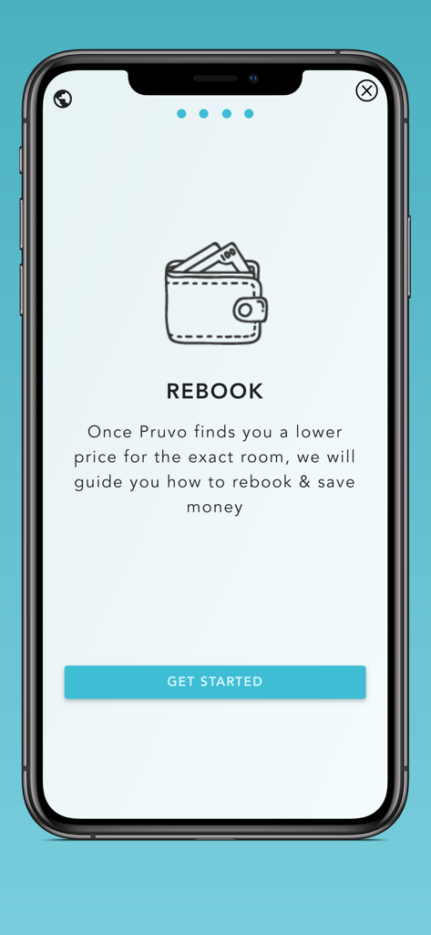Pruvo app onboarding screen explaining how to rebook and save money on hotel reservations
