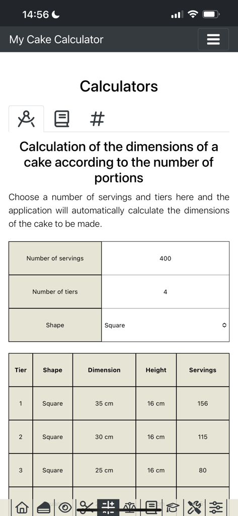 A professional cake calculation interface showing dimensions and portion counts for a four tier square cake
