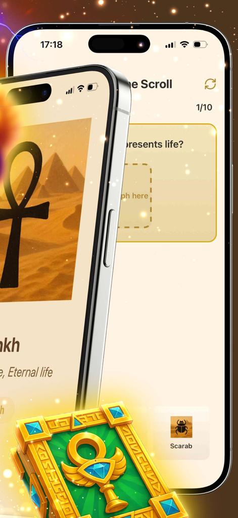 Screenshots of the GlyphsQuest app showing hieroglyph cards and a learning game