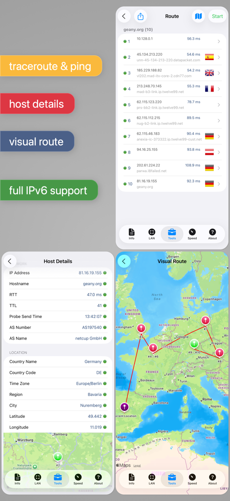 Network Analyzer Pro - Capturas de tela do aplicativo Network Analyzer Pro mostrando uma lista de traceroute, detalhes de localização do host e uma rota de rede visual em um mapa.